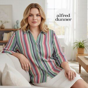 Alfred Dunner Feminine Pastel Stripes Button Down Collared Crinkle Fabric Top
